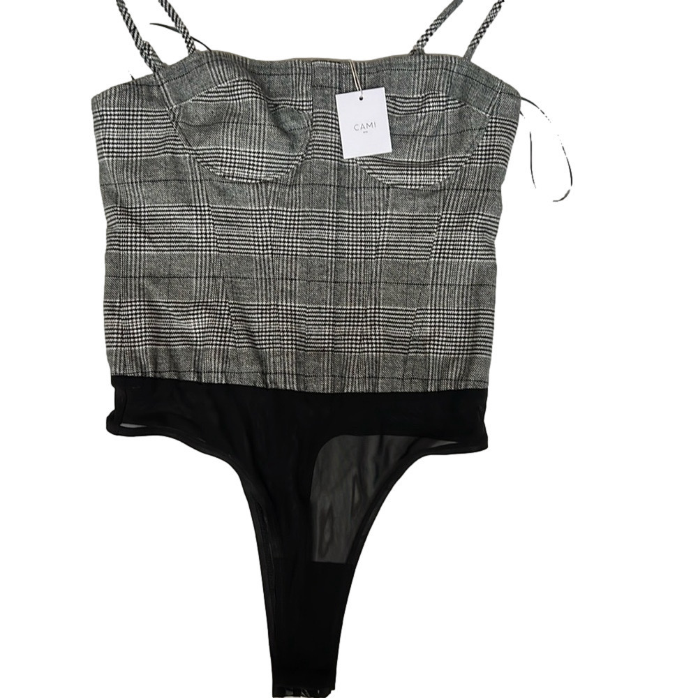 NWT CAMI NYC Women's Black Plaid Coset Style Teddy Bodysuit size small